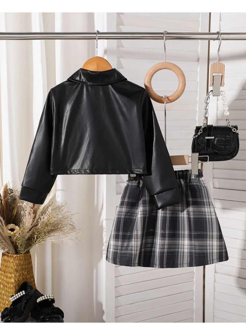Girls Black Faux Leather Jacket & Plaid Pleated Skirt Set – 3PCS Fashion Outfit - Image 4